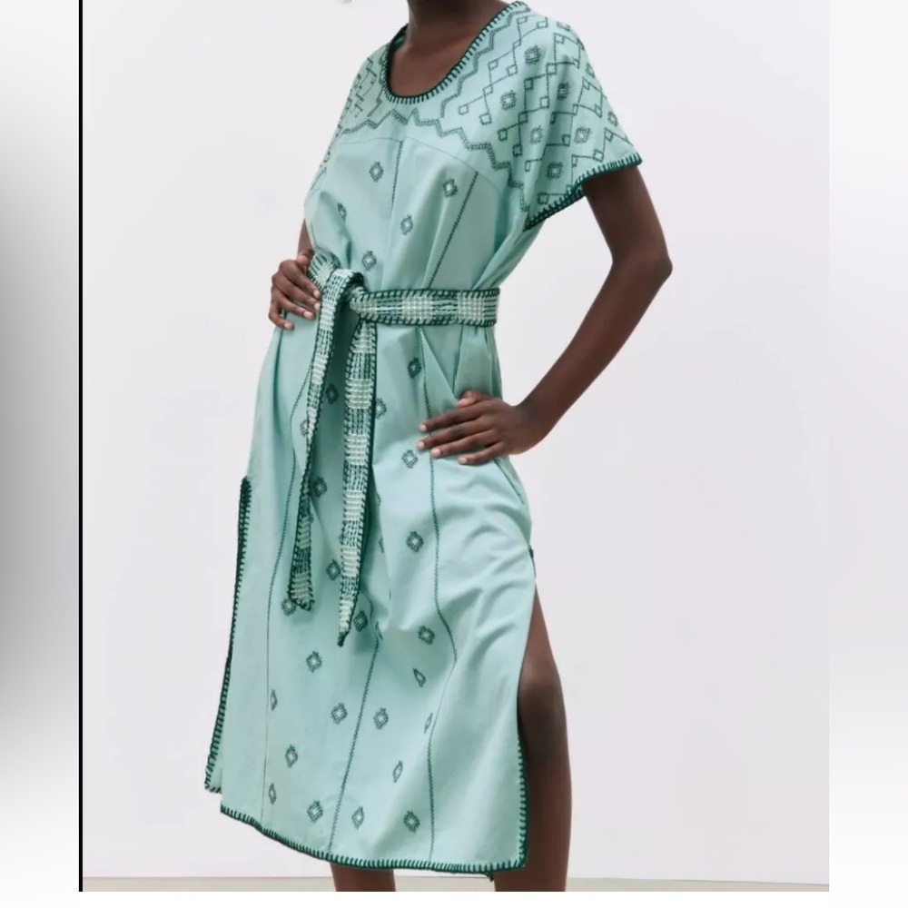 New Zara Embroidered Linen Caftan Tunic Dress - Picture 5 of 17